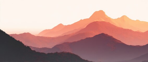 Layered Mountain Ranges in Hazy Golden Hour Light with Deep Purple and Orange Tones