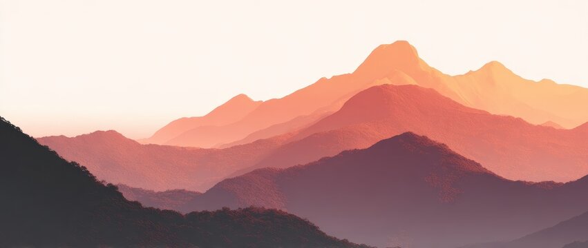 Layered Mountain Ranges in Hazy Golden Hour Light with Deep Purple and Orange Tones