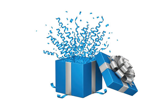 Blue gift box exploding with vibrant confetti and ribbons PNG isolated on transparent background