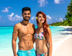 Obraz premium A young couple enjoying a tropical beach vacation together