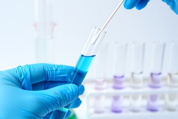 Fototapeta premium Scientist hands in blue gloves holding test tube and DNA swab in laboratory conducting genetic medical research, analysis, diagnosis, sterile clinical environment concept scene realistic.