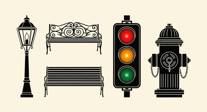 urban street furniture and city infrastructure collection featuring lamppost benches traffic light and fire hydrant icons