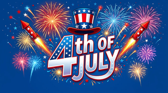 Red white blue fireworks and rockets celebrate fourth of july text celebration desig