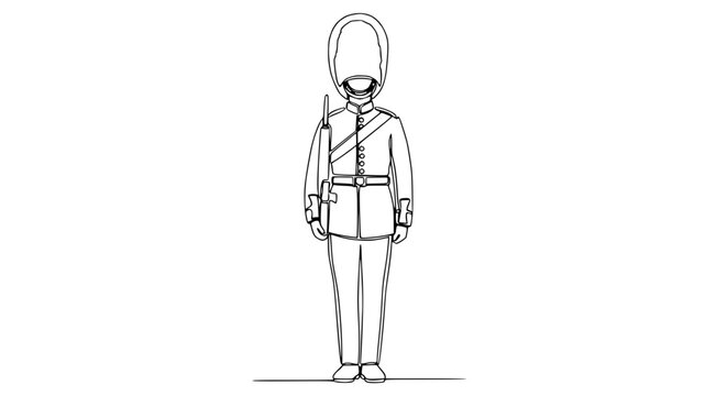 Line Art Drawing of a British Royal Guard in Uniform with Bearskin Hat and Rifle