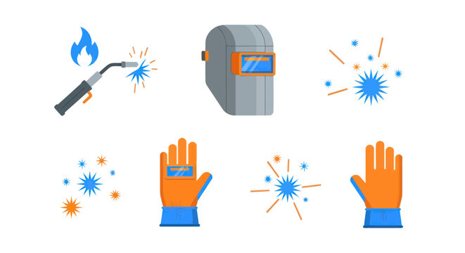 Welding Equipment and Sparks Icon Set - Safety Gear and Tools Collection