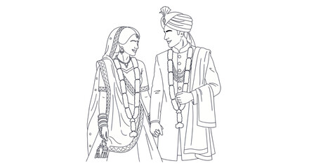 Obraz premium Indian Wedding Couple Line Art Sketch, Bride and Groom Holding Hands, Traditional Attire
