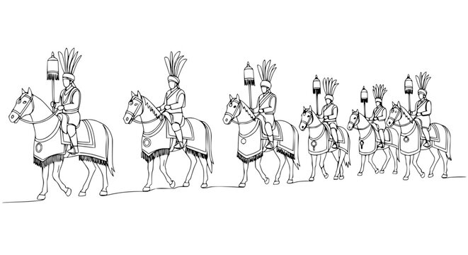 Equestrian Procession: Horse Riders in Traditional Attire with Lanterns