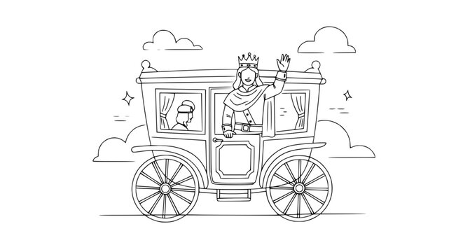 Royal carriage with waving queen and attendant, line art illustration