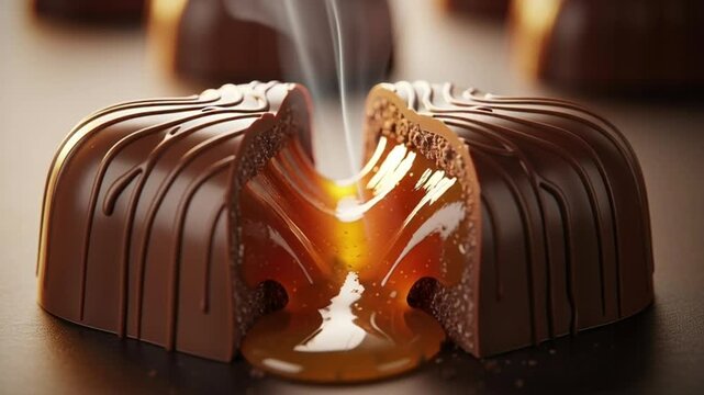 Decadent Chocolate Caramel Candy Cut Open with Dripping Filling.