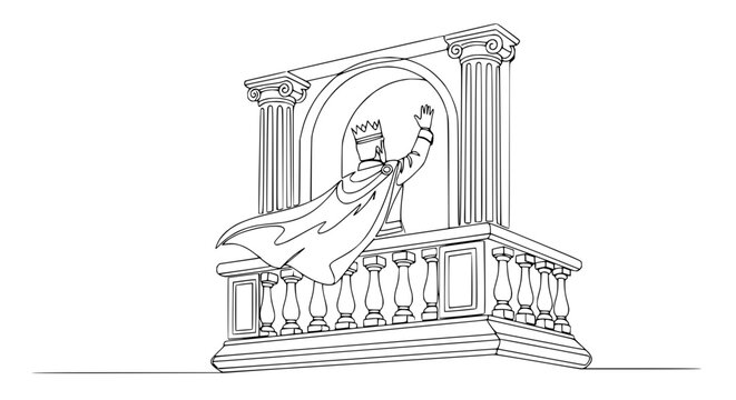 King Waving from Balcony, Royal Figure, Monarch, Regal Appearance, Line Art Illustration