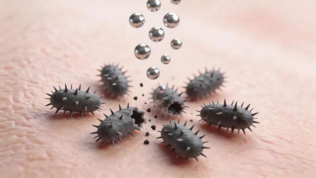 Medical illustration of silver nanoparticles effectively destroying harmful bacteria on human skin surface