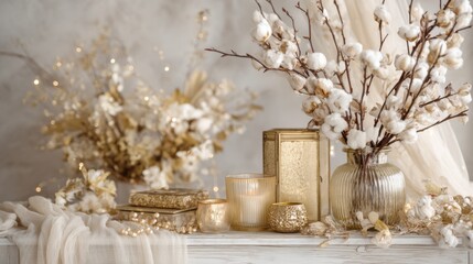 Fototapeta premium Elegant arrangement of cotton branches and candles amidst soft textures and warm tones, creating a cozy and inviting atmosphere for home decor enthusiasts