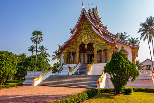 Main hall of Royal Palace Museum in Luang Prabang, Laos, traditional Buddhist architecture with golden details.