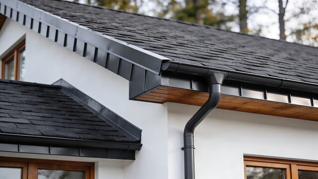 Close-up view of seamless aluminum rain gutter installed on modern white house roof exterior, showing drainage system, architecture detail, and residential water protection structure.