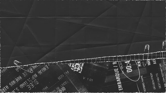 Grungy paper collage transition with safety pins and vintage travel ticket details moving across a dark textured cinematic background frame