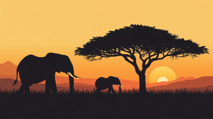Fototapeta premium Flat vector graphic illustration of silhouette elephants on sunset