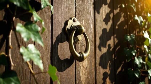 Vintage Brass Door Knocker on Rustic Wood Door with Ivy
