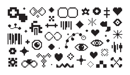 Set of various pixelated icons including infinity symbols eyes shapes and abstract elements. © MDABDUR