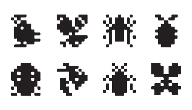 Pixelated insects and bird vector graphics for retro gaming art and designs.