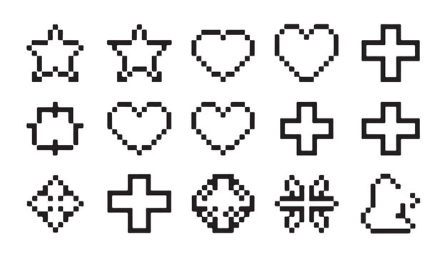 Assorted pixel art icons with hearts stars and crosses for web interface and mobile design.