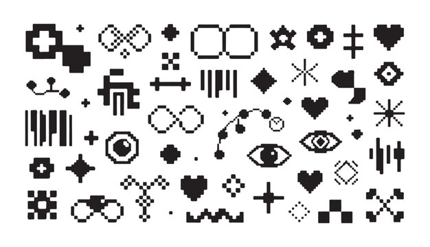 Set of various pixelated icons including infinity symbols eyes shapes and abstract elements.