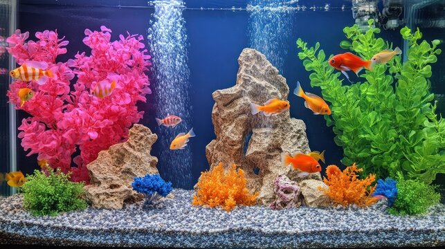 Colorful fish swimming in a decorative aquarium