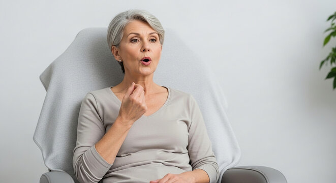 Senior Mature Woman with Short Grey Hair Sitting in a Comfortable Grey Chair and Vocalizing or Making a Surprised Facial Expression Indoors