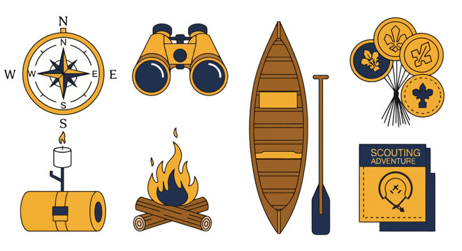 Camping and outdoor adventure gear collection with compass binoculars canoe campfire sleeping bag and scout badges.