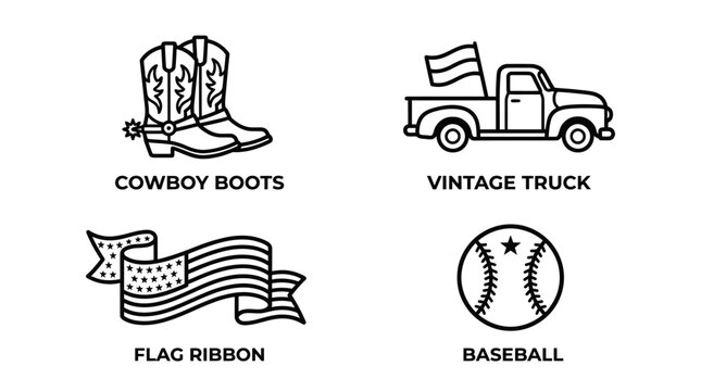 American symbols set, cowboy boots, vintage truck, flag ribbon, baseball