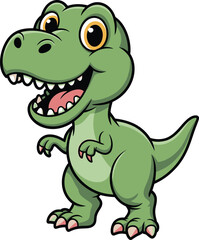 Fototapeta premium A cheerful green cartoon Tyrannosaurus Rex dinosaur stands smiling with its mouth open on a white field