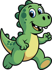 Fototapeta premium A cheerful green dinosaur cartoon with blue eyes is running happily forward with a big smile
