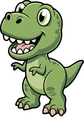 Fototapeta premium A cute green cartoon Tyrannosaurus Rex dinosaur stands smiling with a big open mouth