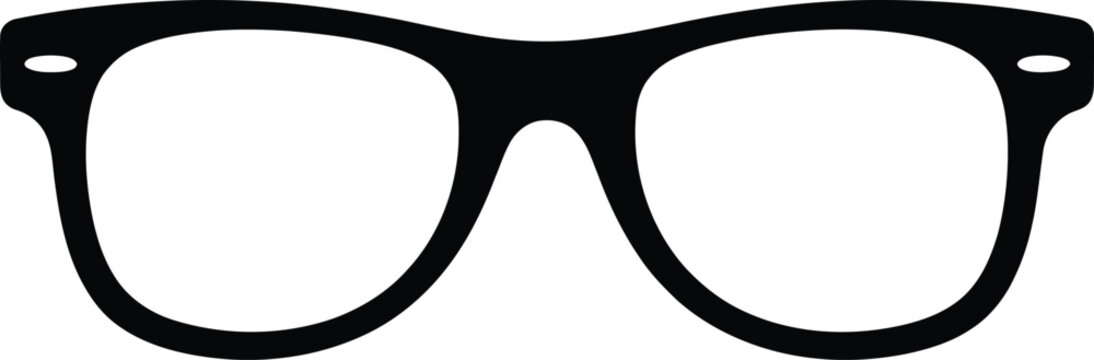 A minimalist black silhouette of retro styled eyeglasses with thick frames appears on a plain white field