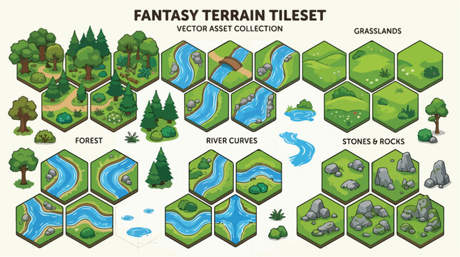 Fantasy terrain tileset vector asset collection, isometric hexagonal map elements for game design, forest river and grassland environment kit