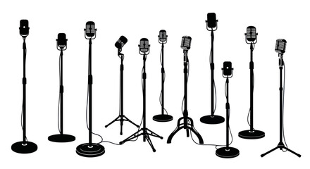 Collection of vintage microphones on stands - Retro audio equipment set © Azis