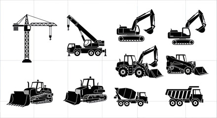 Construction Vehicles Set - Crane, Excavator, Loader, Bulldozer, Dump Truck, Mixer © Azis