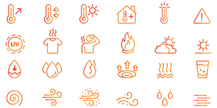 Weather Icons: A collection of line art icons depicting various weather conditions and their effects, including temperature, sun, heat, and wind.