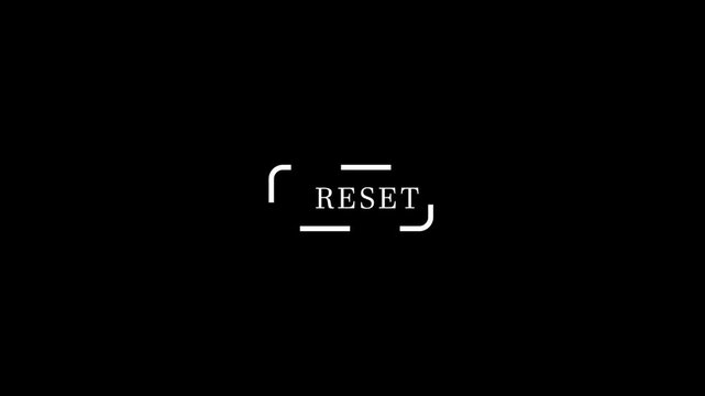 Minimalist white text RESET inside abstract brackets on black background reset restart