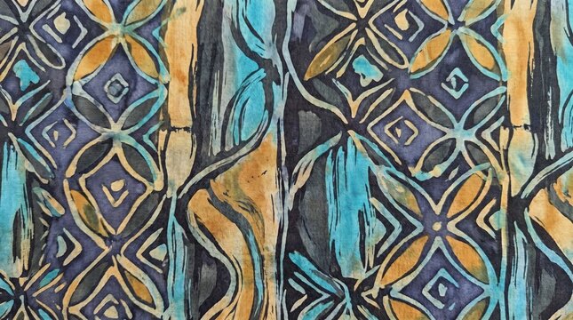 Abstract batik fabric with a repeating geometric pattern in shades of blue, gold, and dark gray.