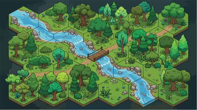 Isometric forest map tiles with river and bridge, modular hexagon landscape vector for game design, fantasy world map creator kit