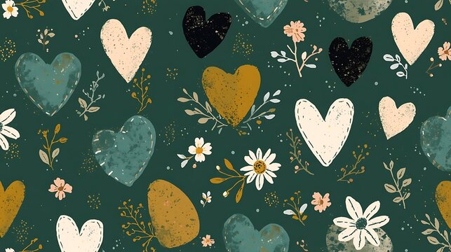 Bohemian Love: Textured Hearts & Rustic Floral Seamless Pattern on Dark Teal