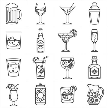 Alcoholic and non-alcoholic beverage line art icon set