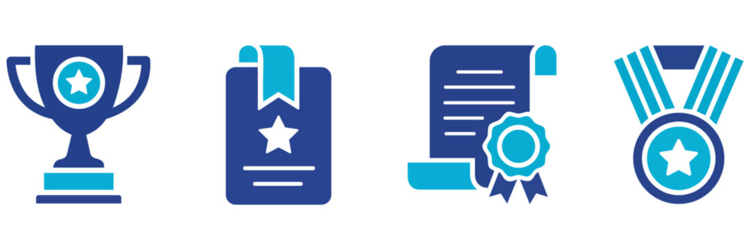 Achievement Symbols: A collection of graphic icons representing achievement, including a trophy, a certificate, a medal, and a bookmark, symbolizing success and recognition.