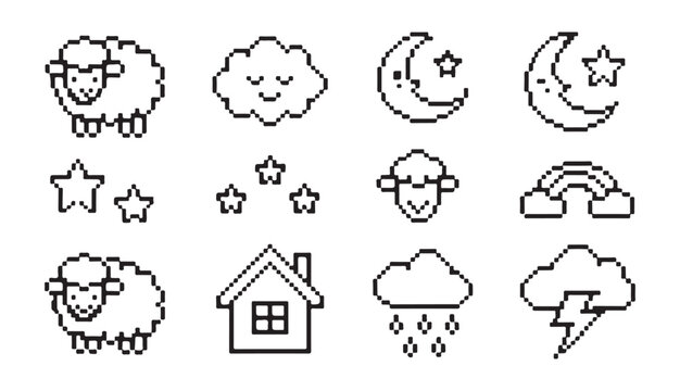 Outline pixel art icon set includes sheep, cloud, crescent moon, stars, rainbow, house, rain, and lightning.