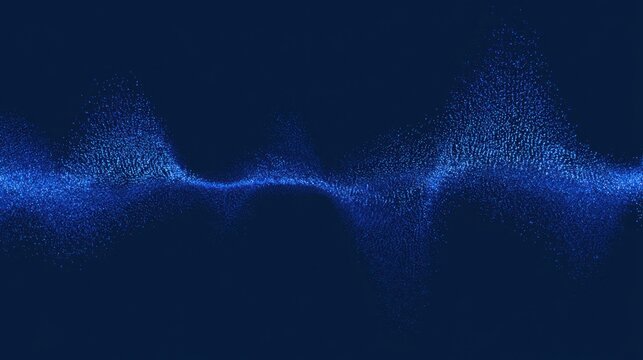 A vibrant blue waveform made of tiny particles on a dark background