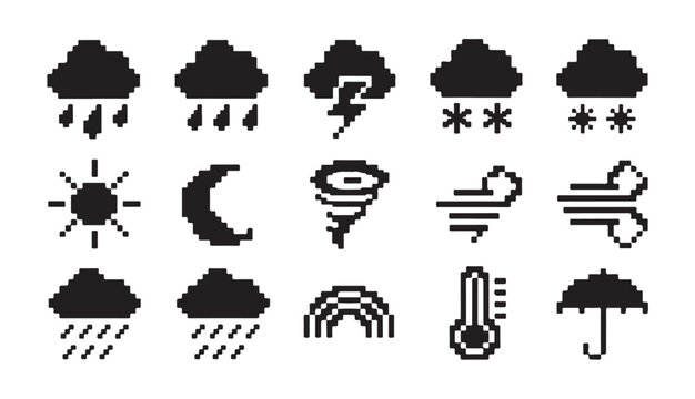 Collection of pixel art weather icons including sun rain snow lightning wind and clouds.