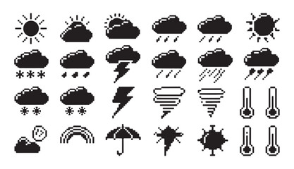 Diverse assortment of weather related pixel icons including rain sun clouds and symbols. © MD.RAHIM