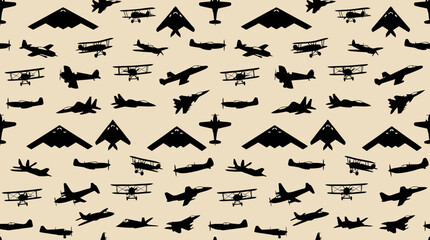 Naklejka premium Seamless Pattern of Diverse Aircraft Silhouettes Displaying Aviation History and Modern Flight