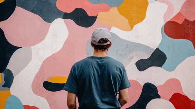 Man looking at colorful abstract mural