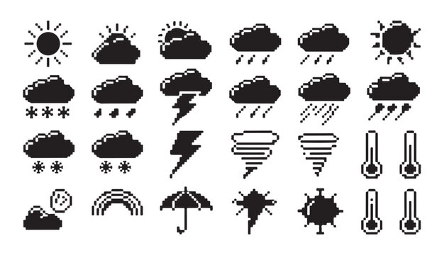Pixel weather icons representing sun clouds rain snow lightning and wind 8 bit.